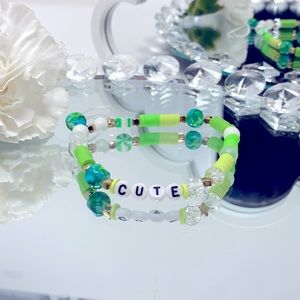 “CUTE” Phone Charm with 3 Ceramic Beads - Green Theme - 5” Nylon Rope - Strong